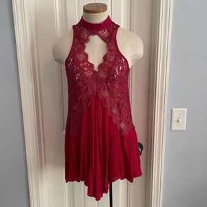 Free People Small ‘Tell Tale’ Red Lace Tunic Mini Dress ~ Sleeveless Beaded